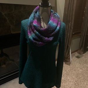 Green sweater w green and purple scarf